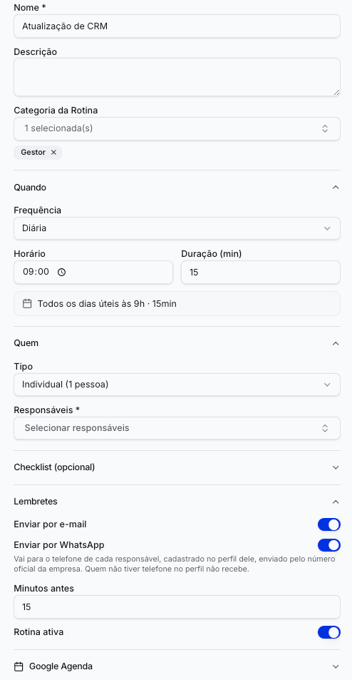 Tela de rotinas com checklist